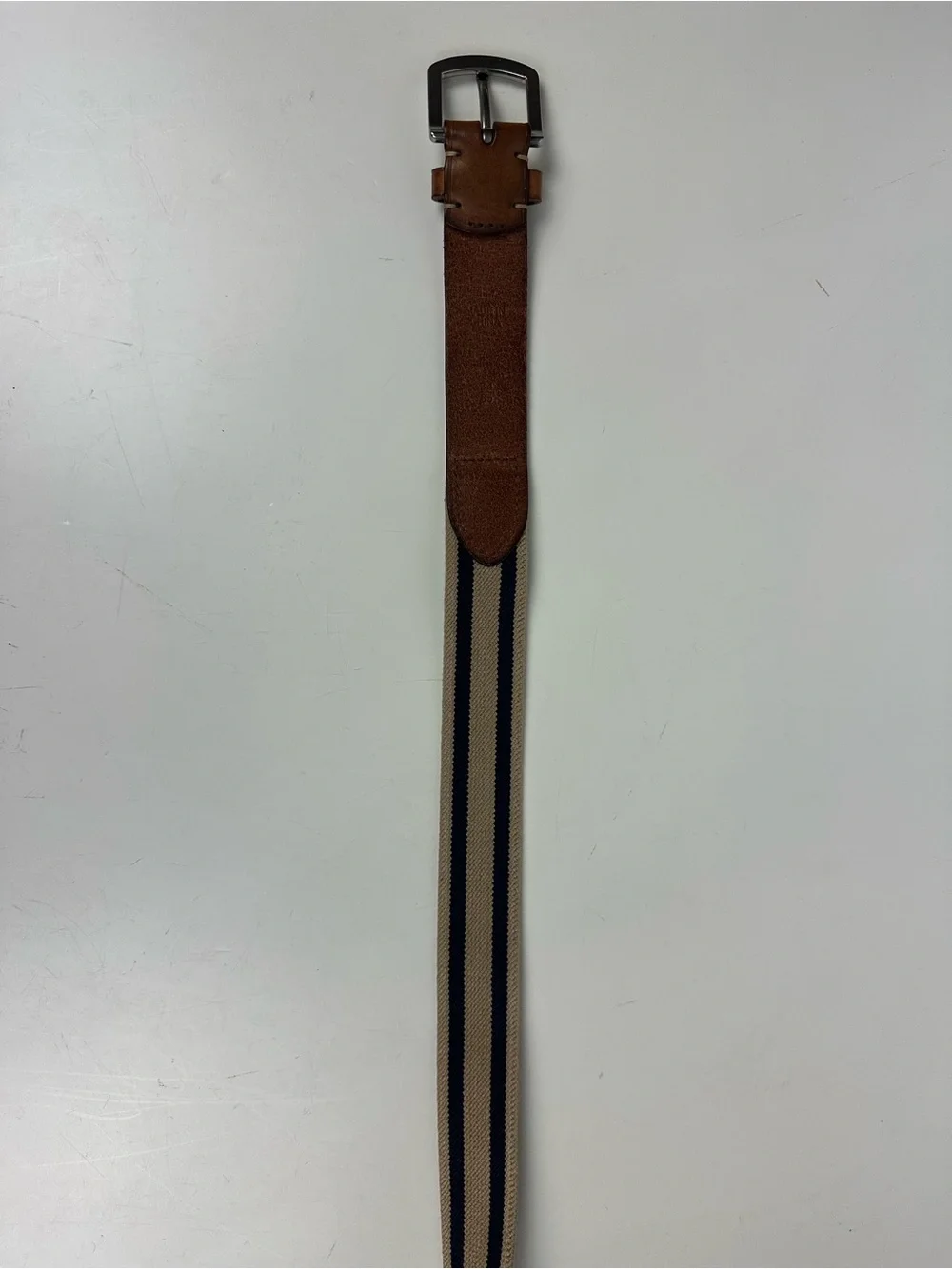 Polo by Ralph Lauren Tan and Navy Striped Canvas Belt with Brown Leather